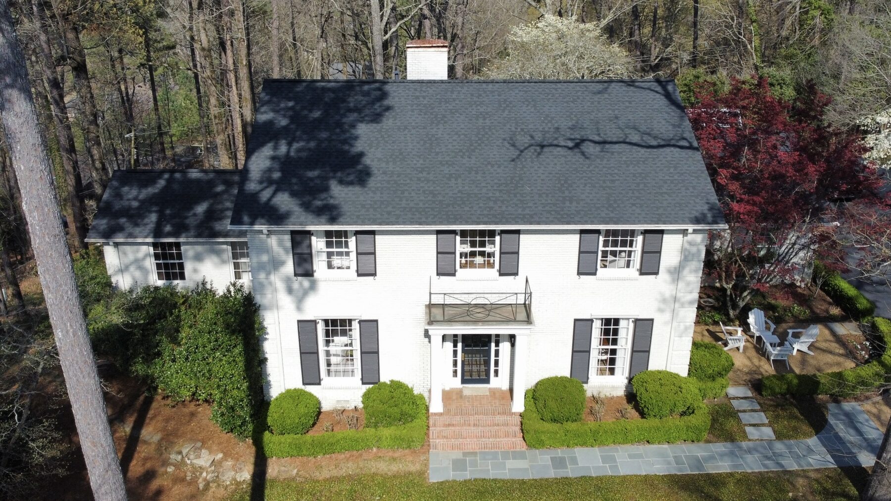 Aerial drone view of completed roof replacement on a Birmingham area home
